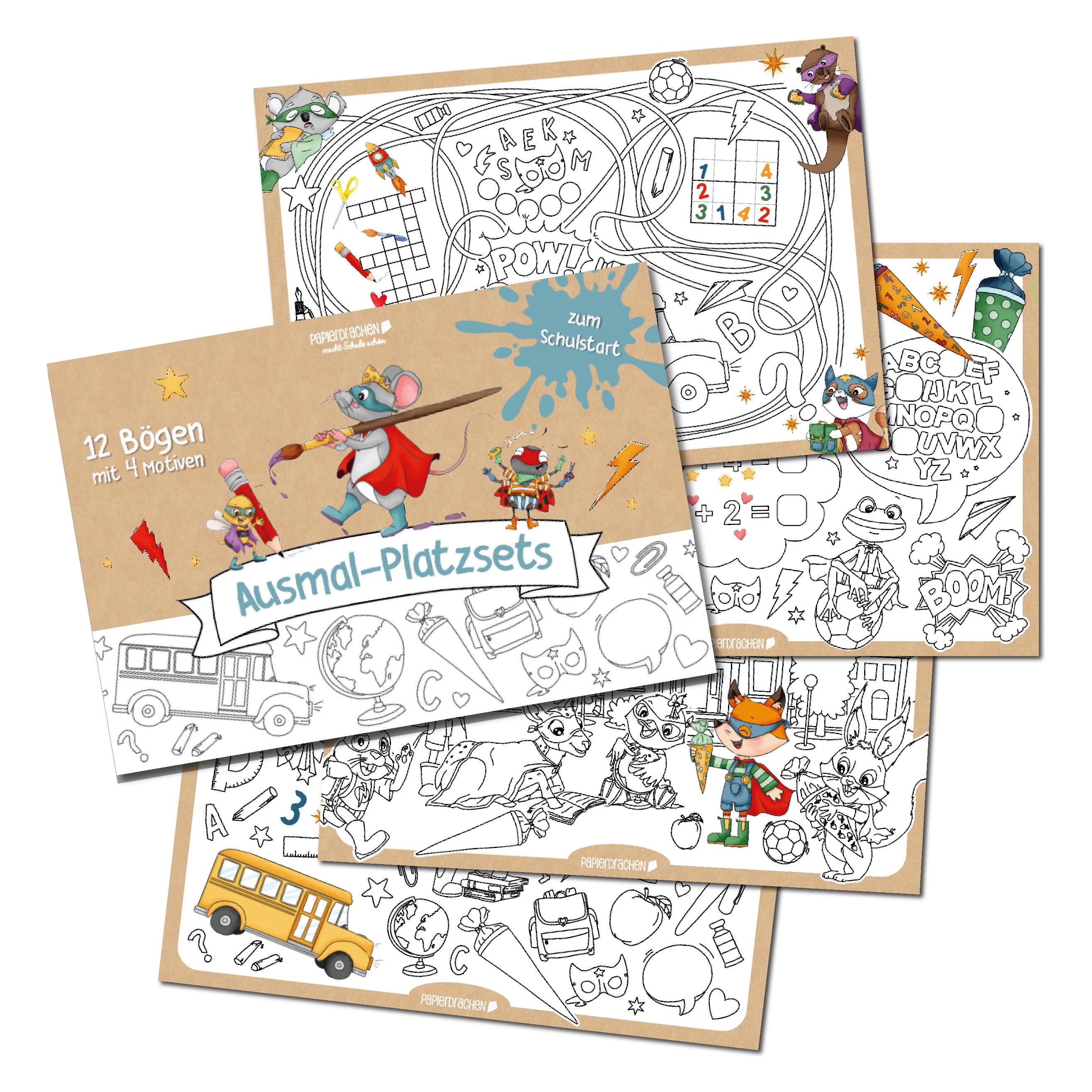 Papierdrachen Ausmal Platzsets Schule Superhelden Tiere - Set 02 (B270-024-002)