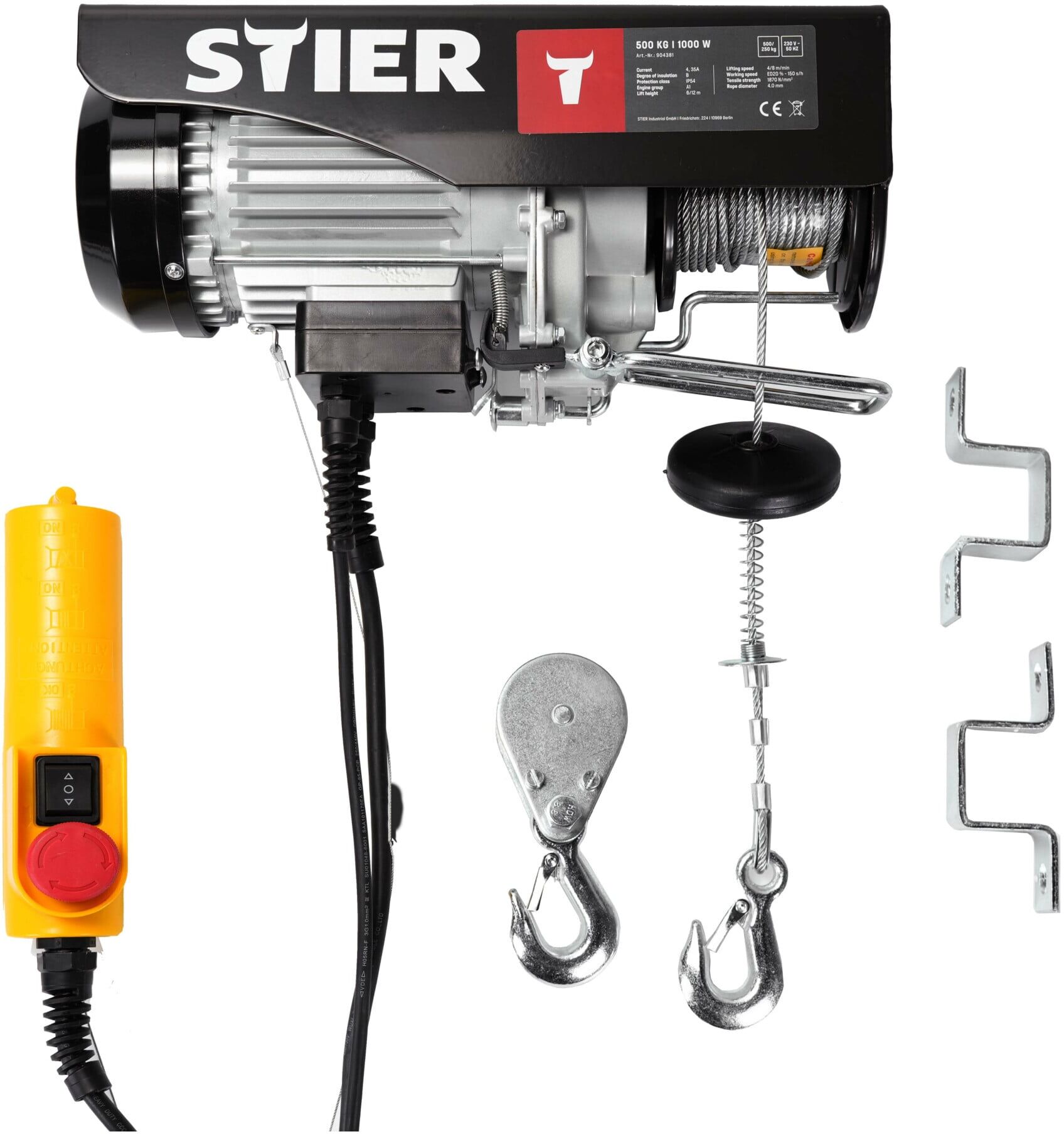 STIER Elektrischer Seilzug, 500 kg Tragkraft, 1000 W Leistung (904381)