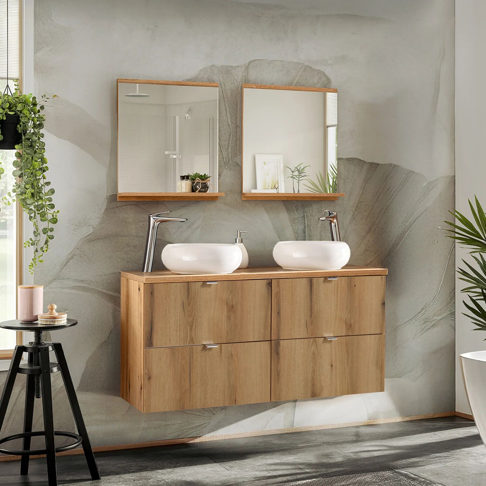 garneroarredamenti Mobile bagno sospeso 120cm 4 cassetti rovere Rovery