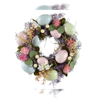 KSD Osterkranz mit Dekoeiern & Blumen 23cm Kunststoff Deko Kranz Frühling Ostern Dekokranz Türkranz Wandkranz Frühlingsdeko Osterdeko Bunt Pastell