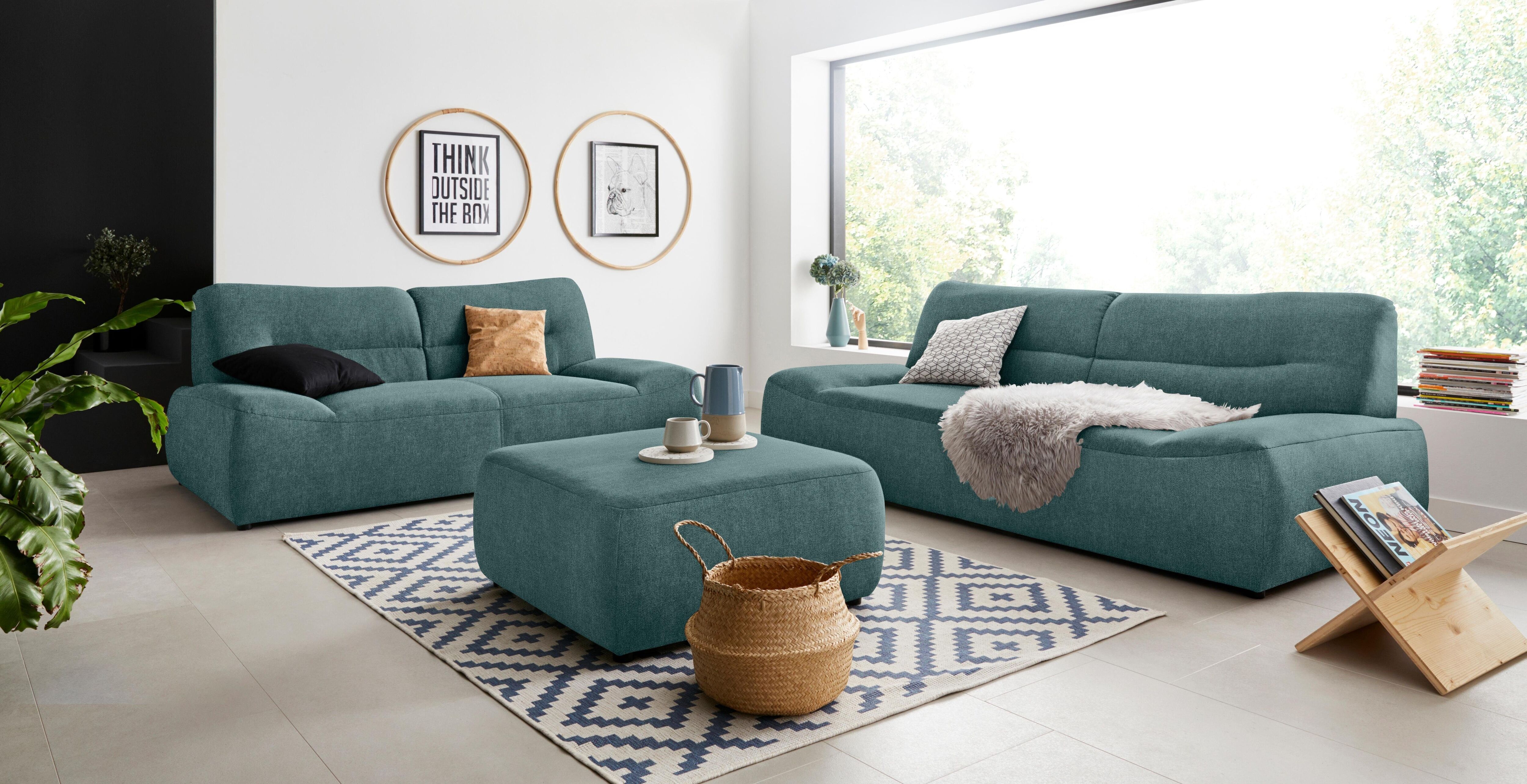 Hocker DOMO COLLECTION "Cesena modern, zeitlos und bequem", blau (petrol), B:88cm H:39cm T:88cm, Hocker, Polsterhocker