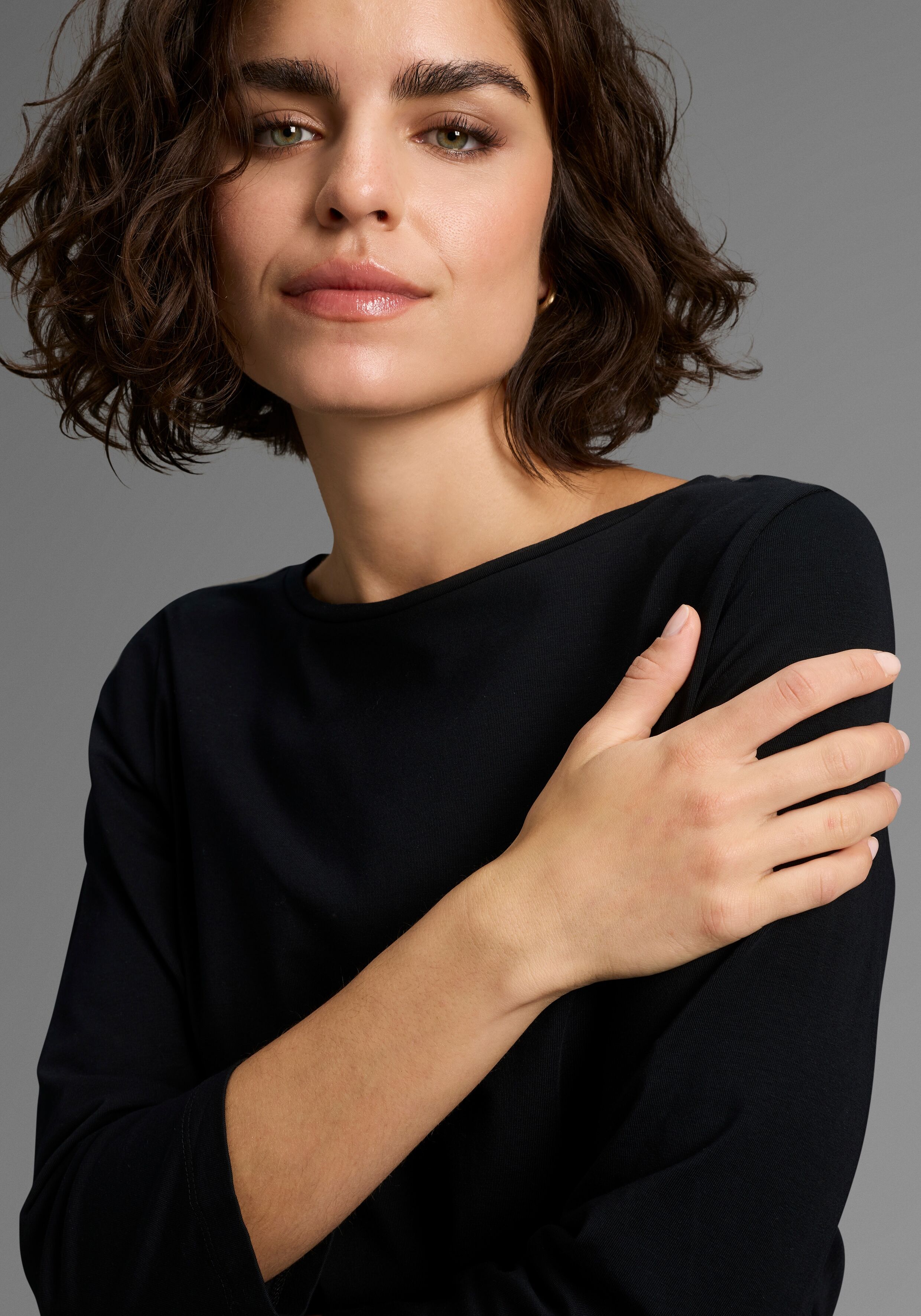 3/4-Arm-Shirt LAURA SCOTT, Damen, Gr. 44/46, schwarz, Single Jersey, Obermaterial: 95% Baumwolle, 5% Elasthan, clean, unifarben, Basic, Basic hüftbedeckend, U-Boot-Ausschnitt, Shirts 3/4-Arm-Shirt, Basic-Stil, 3/4-Ärmellänge, U-Boot-Ausschnitt schwarz 44/
