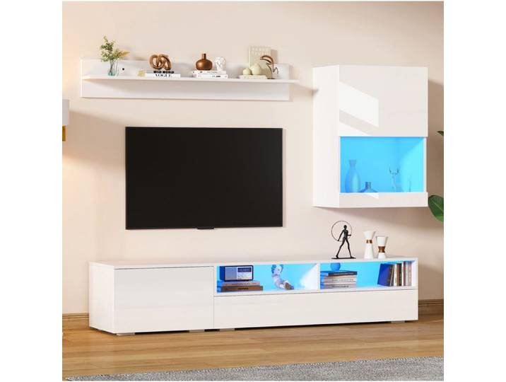 Meuble TV mural complet 3 pièces – Blanc – LED – Brillant – 175 x 39 x 34 cm