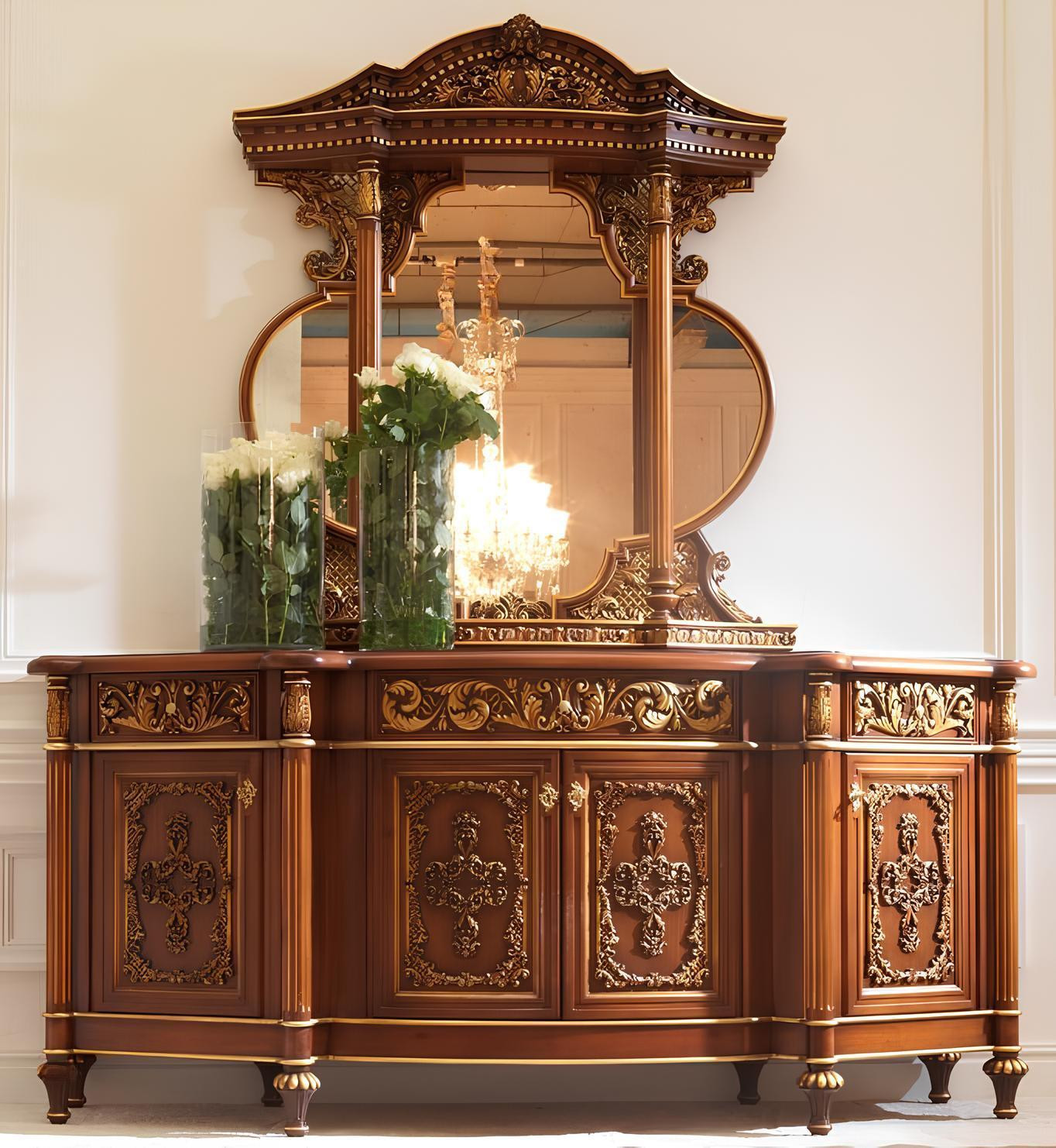 Antieke houten commode en spiegelset in Italiaanse stijl