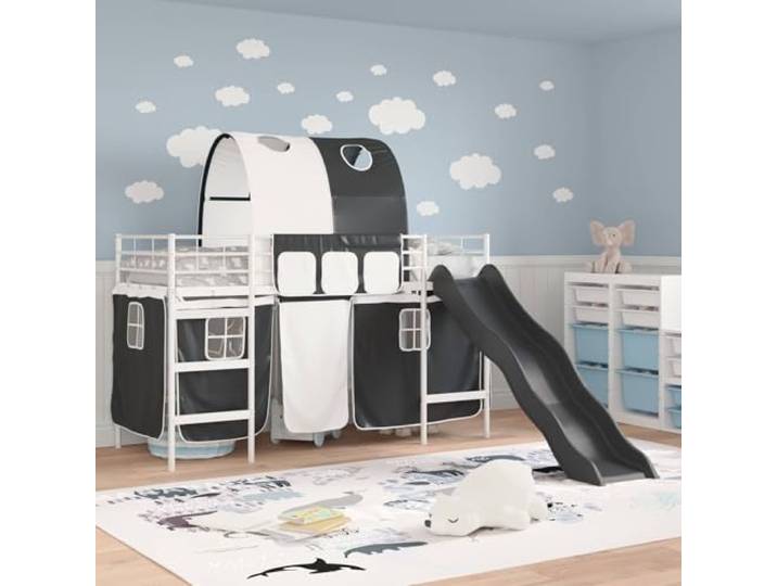 KTHLBRH Bett Loft für Kinder, weiß und schwarz, 100 x 190 cm Bogendesign, praktische Vorhänge, Spiel- und Ruhebereich, robuste Struktur