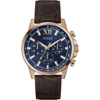 Multifunktionsuhr GUESS "WALKER", braun (dunkelbraun, dunkelblau, dunkelblau), Armbanduhren, Herren, roségoldfarben, Quarzuhr, Armbanduhr, Herrenuhr, Datum, Wochentag, Lederarmband