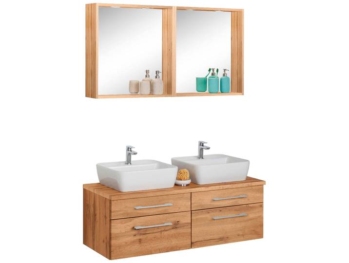 Badmöbel-Set WELLTIME Davos , braun (eichefarben), Kastenmöbel-Sets, Badmöbel-Set, 2 Spiegel mit mit 2 Touch-LED-Einbauleuchten