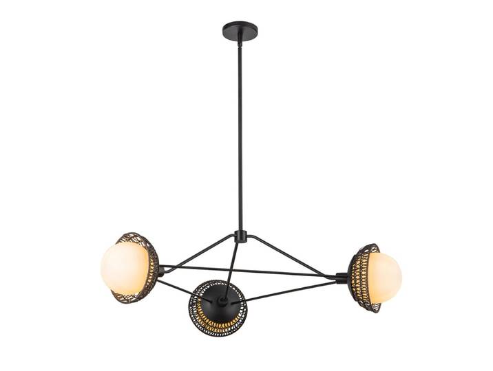 Lustre 3 Lumières Acier, Rotin, Verre Opalin