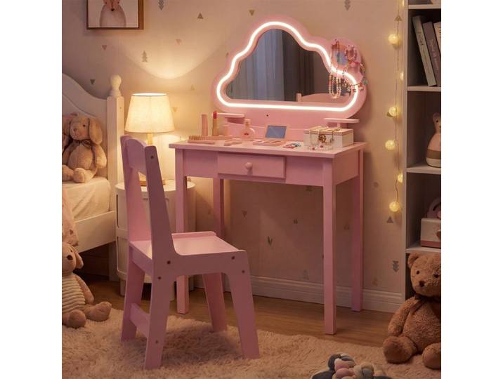 2en1 Coiffeuse Enfant Fille-COSTWAY-avec Miroir LED Réglable avec Chaise Tiroir et Rangements Forme Nuaget 59 x 35 x 103.5CM Rose