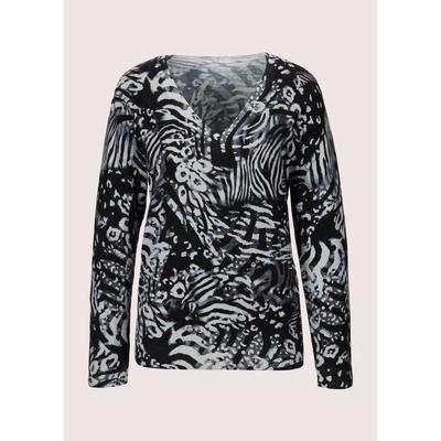 Longpullover MADELEINE "Pullover Druckpullover mit Unikat-Print", Damen, Gr. 34, schwarz (schwarz, steingrau), Obermaterial: 100% Schurwolle WV., Modern, normal, V-Ausschnitt, Pullover Longpullover
