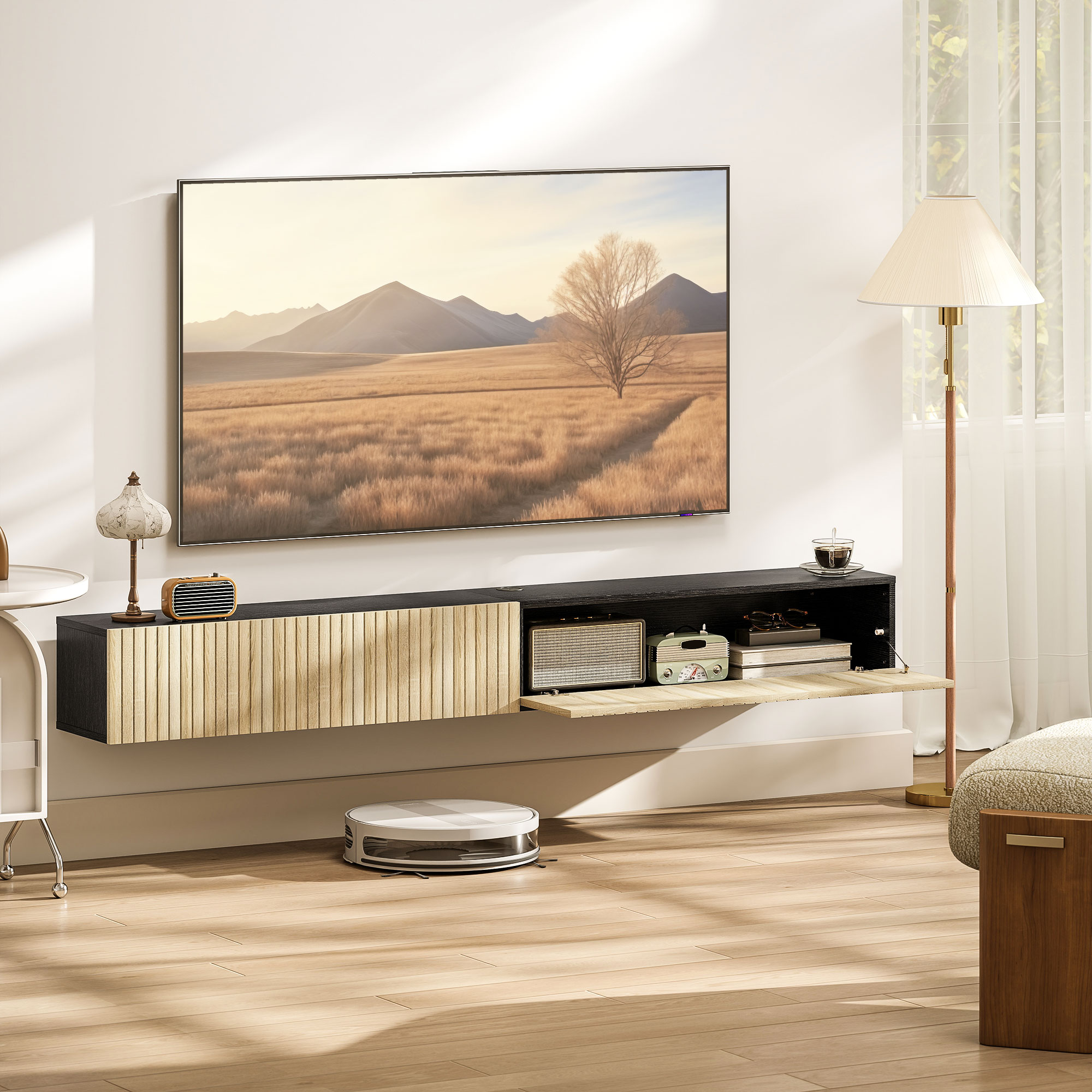 Homcom Mobile TV sospeso, per TV da 72", con 2 ante ribaltabili, 140 cm, Legno naturale e nero   Aosom Italy