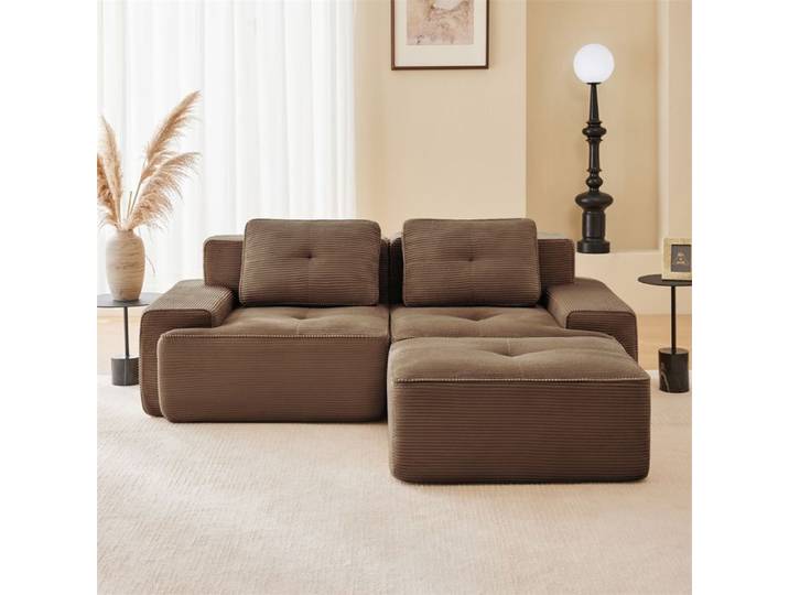 DRIPEX Canapé Cloud 2 places modulable en L canapé d'angle moderne en velours côtelé avec pouf pour salon Marron 204*177*69cm