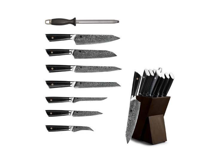 VOSSBACH Messer-Set Damast Messer Set Küchenmesser Damastmesser Kochmesser Santokumesser (Set, 9-tlg), Inkl. Echtholz Messerblock, aus Damaststahl