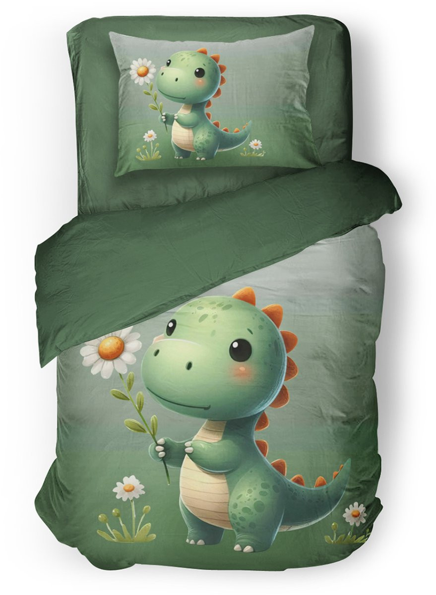 Eleganzzz Kinder Dekbedovertrek Sleeposaurus Dino - Groen - 140 x 220 cm