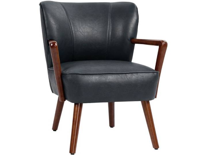 Fauteuil lounge rembourre avec accoudoirs - simili cuir noir et bois d'hevea - style contemporain