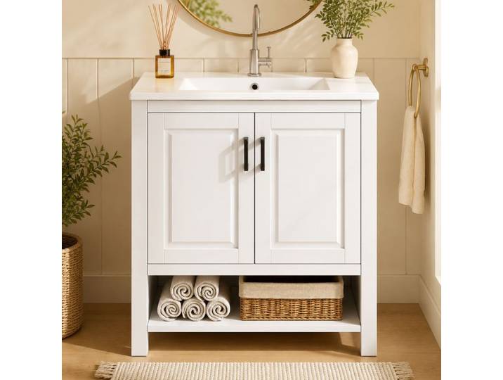 Meuble-lavabo de salle de bain - Meuble-lavabo sur pied blanc - Lavabo céramique intégré - Double porte - 76 5x47x83 cm