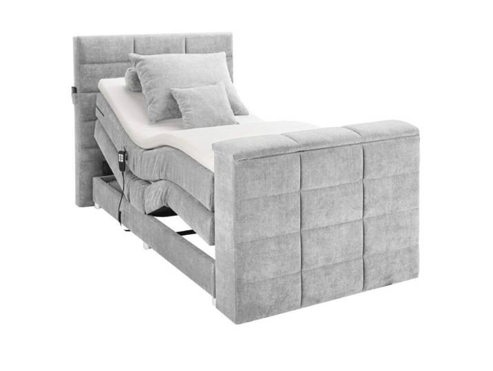 Trendstore Benni Boxspringbett mit Motor, TV-Halterung und Bettkasten - Microvelours Uran 01 silver - 120 x 200 - motor. Kopf-und Fußteilverst. und TV-Halterung perfekte Mischung aus Design und Funktionen, bis 40 Zoll TV geeignet, schlafen wie im Hotel, zwei Größen, fünf Farben, Einzel- oder Doppelbett Modern