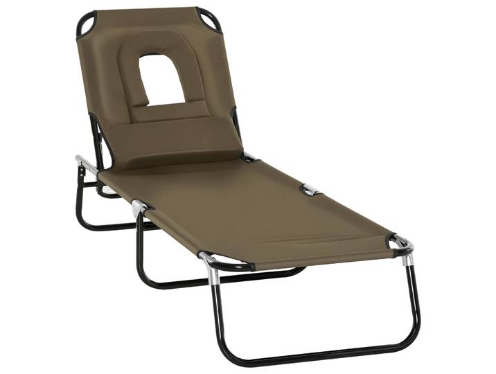 Outsunny Bain de soleil chaise longue pliante avec appuie-tête, trou de lecture, transat inclinable 4 positions en Oxford 600D, transat jardin extérieur camping piscine terrasse, 190x56x28cm, marron