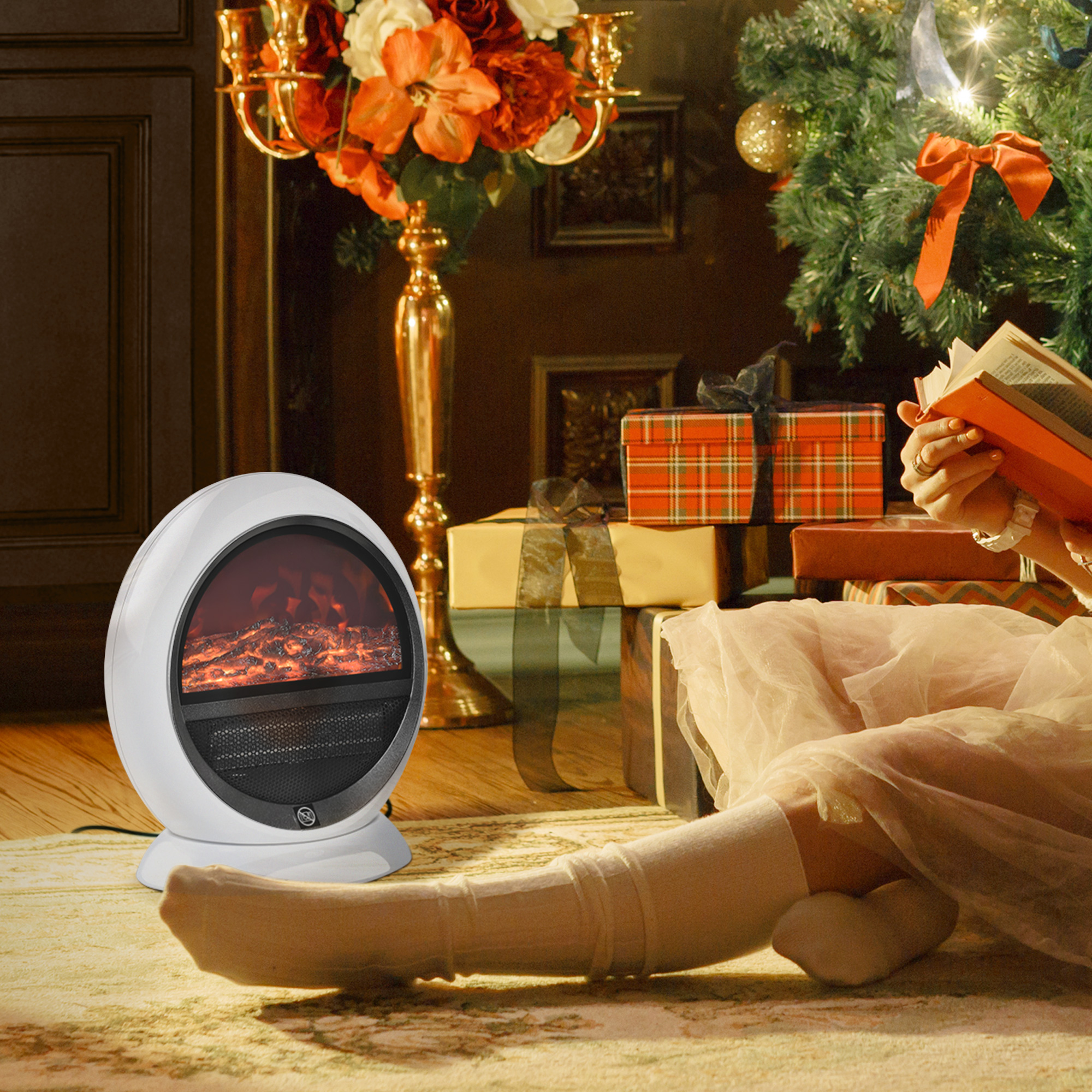 Homcom Camino Elettrico da terra con Effetto Fiamma Regolabile e finestra frontale trasparente, Ruotabile e Portatile,1500W, Bianco   Aosom Italy