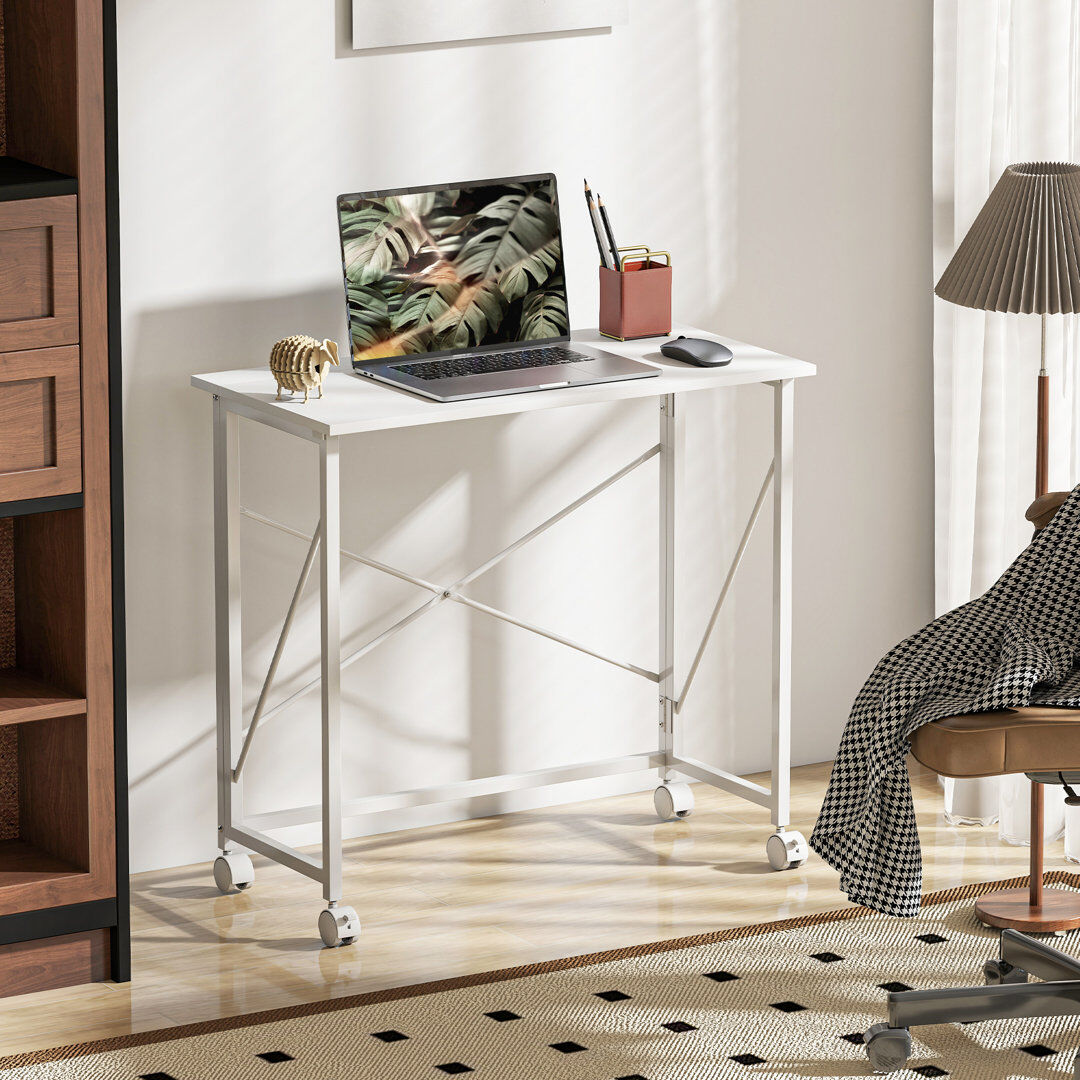 Dakota Fields HOMCOM Folding Desk on Wheels, Writing Table for Home Office White/White