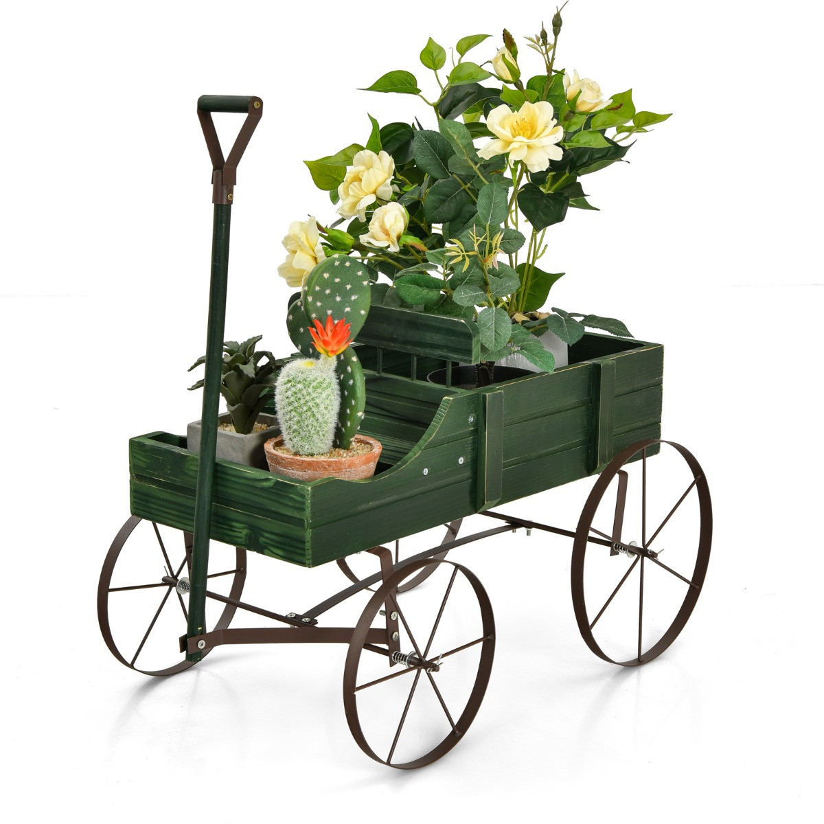 Costway Houten Bolderkar Decoratieve Plantenbak met Wielen en 2 Plantensecties Groen