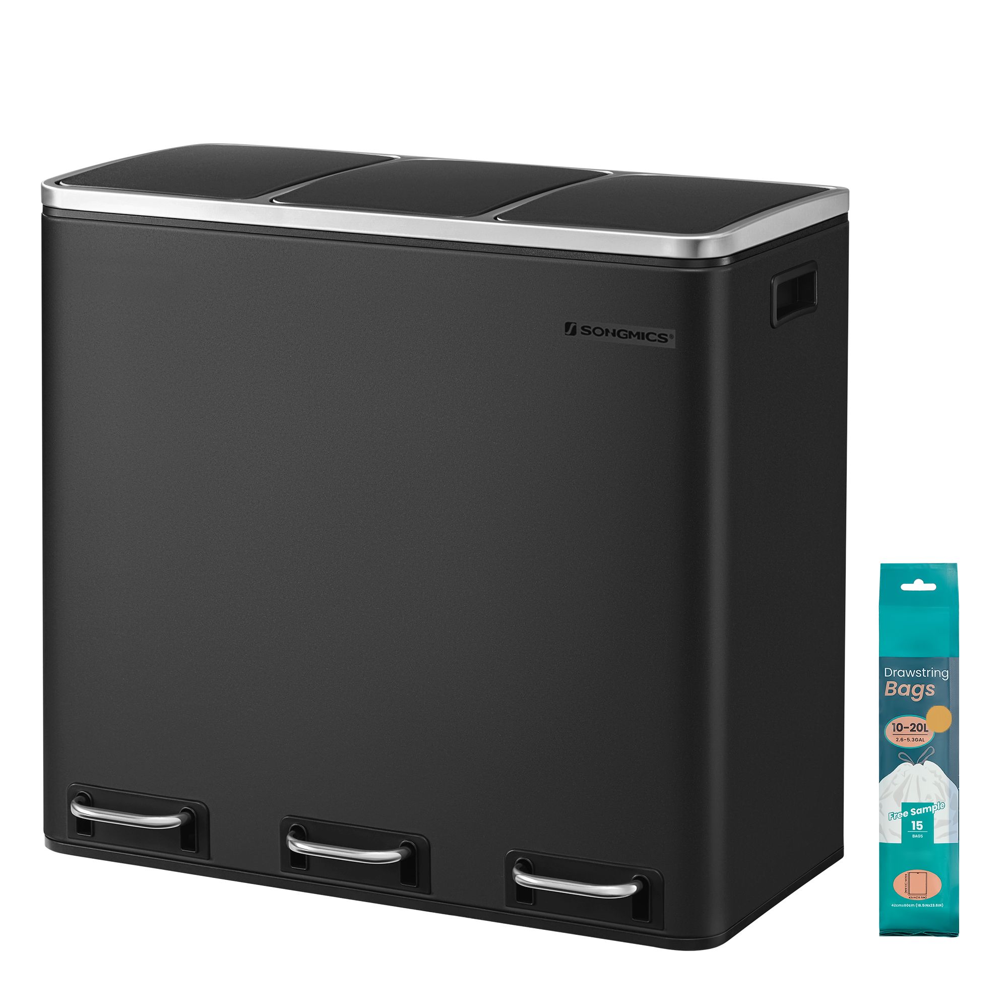 SONGMICS Mülleimer Küche, 3 x 18 L, Mülltrennsystem 3 Fächer LTBB3554BK