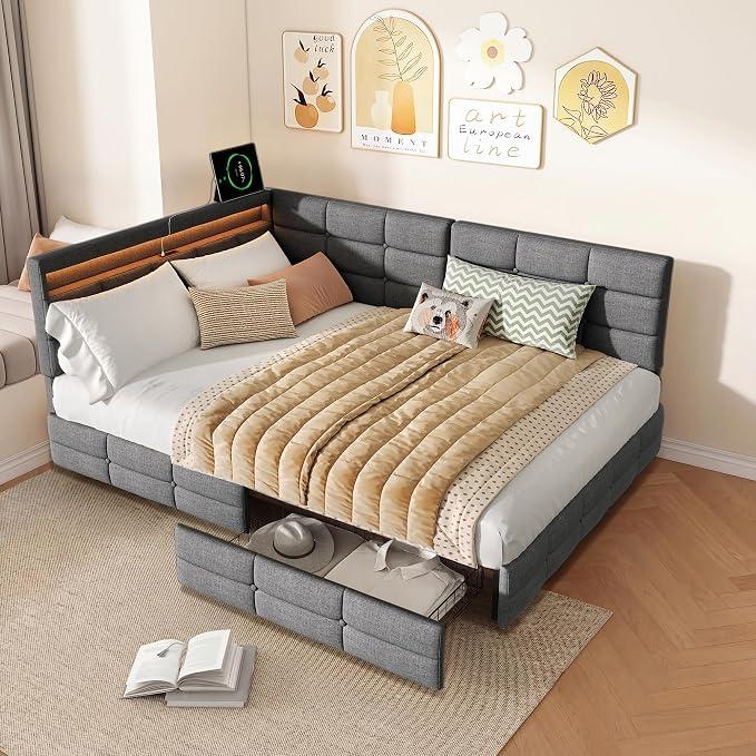 Polsterbett Jugendbett 140x190 mit Stauraum Schlafsofa Tagesbett mit LED-Beleuchtung & USB, Kinderbett Doppelbett mit 2 Schubladen, Cabriolet Eckbett Gästebett Daybett Bettgestell mit Lattenrost