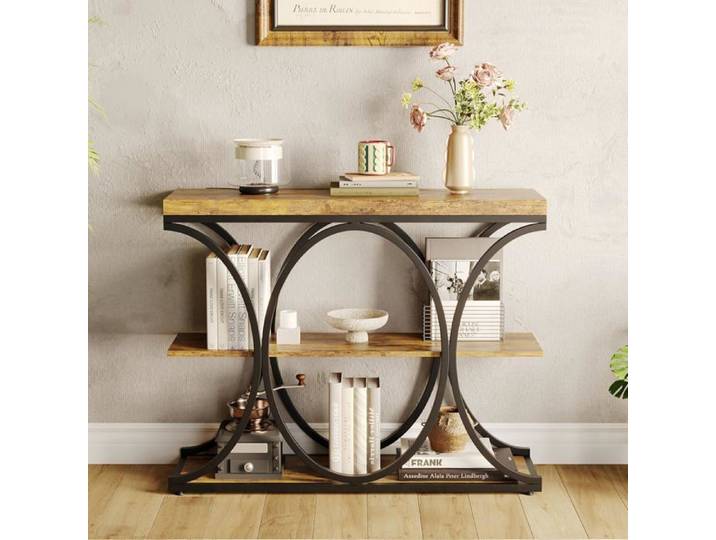 Console étroite - LUNSY - 100x30x79 9 cm - 3 niveaux de rangement - Style industriel - Marron - Résistant à l'eau