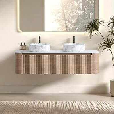 Curved Bathroom Vanity with Double Ceramic Sinks and Towel Rack