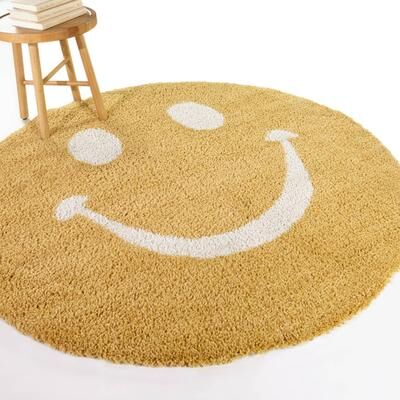 "Balta Rugs Mod-Tod Smiley Face Emoji Kids Shag Area Rug - 5'3"" Round"