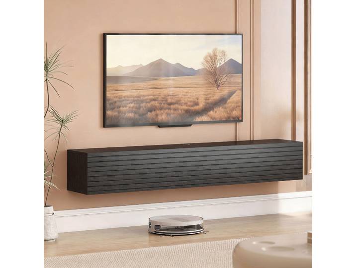 HOMCOM Meuble TV Suspendu 140cm Noir, 2 Portes Rabattables