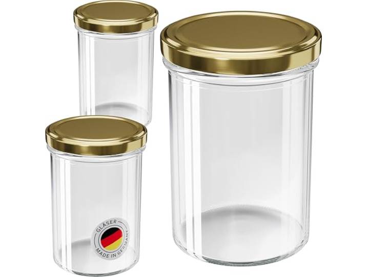 WELLGRO 200x Einmachgläser 435ml – Schraubdeckel TO82 gold – Made in Germany – Vorratsgläser, Marmeladengläser, Aufbewahrungsgläser & Gärgläser