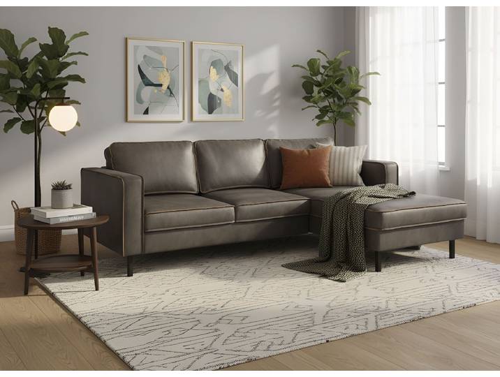 Ecksofa HOME AFFAIRE Watkins, wahlweise mit Schlaffunktion/Bettkasten, moderne offene Naht , grau (hellgrau), B:232cm H:81cm T:161cm, 50% Leder, 40% Polyester, 10% Polyamid;Backing 60% Leder, Sofas, Ecksofa, Recamiere beidseitig montierbar, L-Form, Breite 232 cm