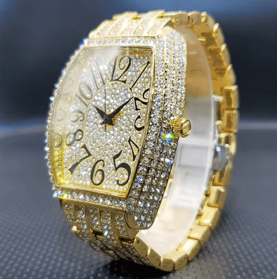 Inspire Picks Luxury Iced Out Tonneau Stainless Steel Quartz Watch For Men df01 Gold