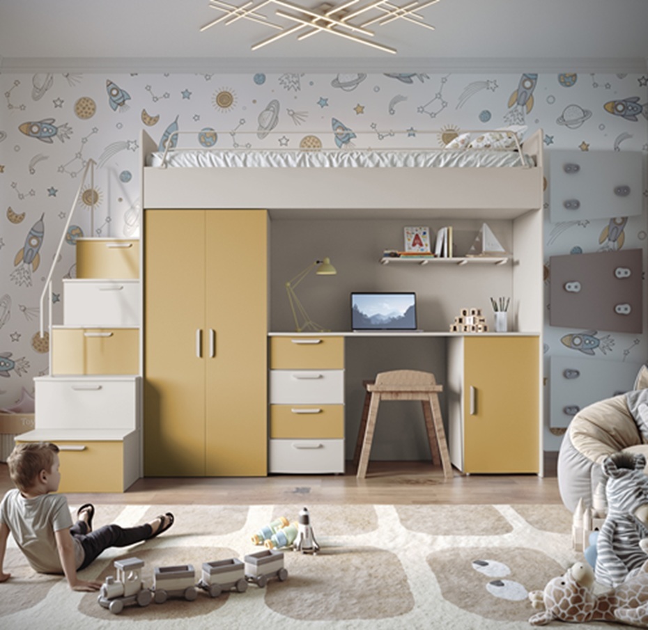 Etagenbett FELIX 4S, Hochglanz Kinderbett, Hochbett, OHNE Matratze und Lattenrost (Kaschmir + Gelb, Matt)