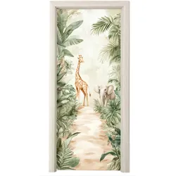 TÜRAUFKLEBER Dschungel - Giraffe - Elefant - Grün - Natur 85x215 cm - Türtapete
