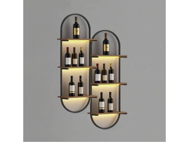 3 Ebenen Wand-Weinregale mit Glashalter, Wandmontiertes Weinregal, Flaschen- und Glashalter, Holz-Metall-Weinregal, ovale Weinflaschen-Ausstellungswand für Küche, Esszimmer, Hausbar (BLACK, 2PCS)