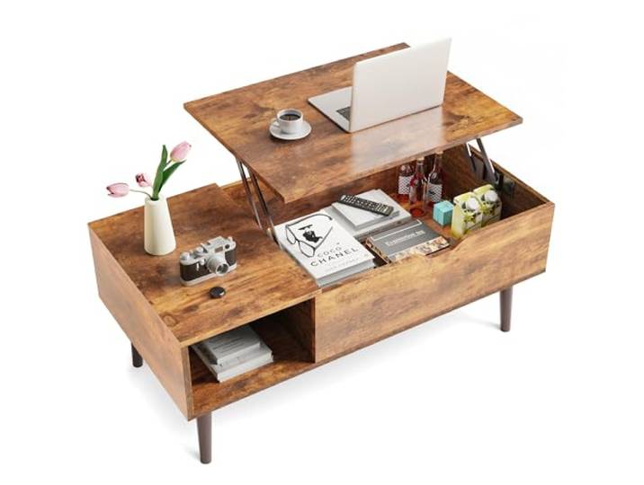 Sweetcrispy Couchtische, Lift Top Couchtische für Wohnzimmer, kleine aufsteigende hölzerne Mitte Tische mit versteckten Storage Compartment, Rostbraun