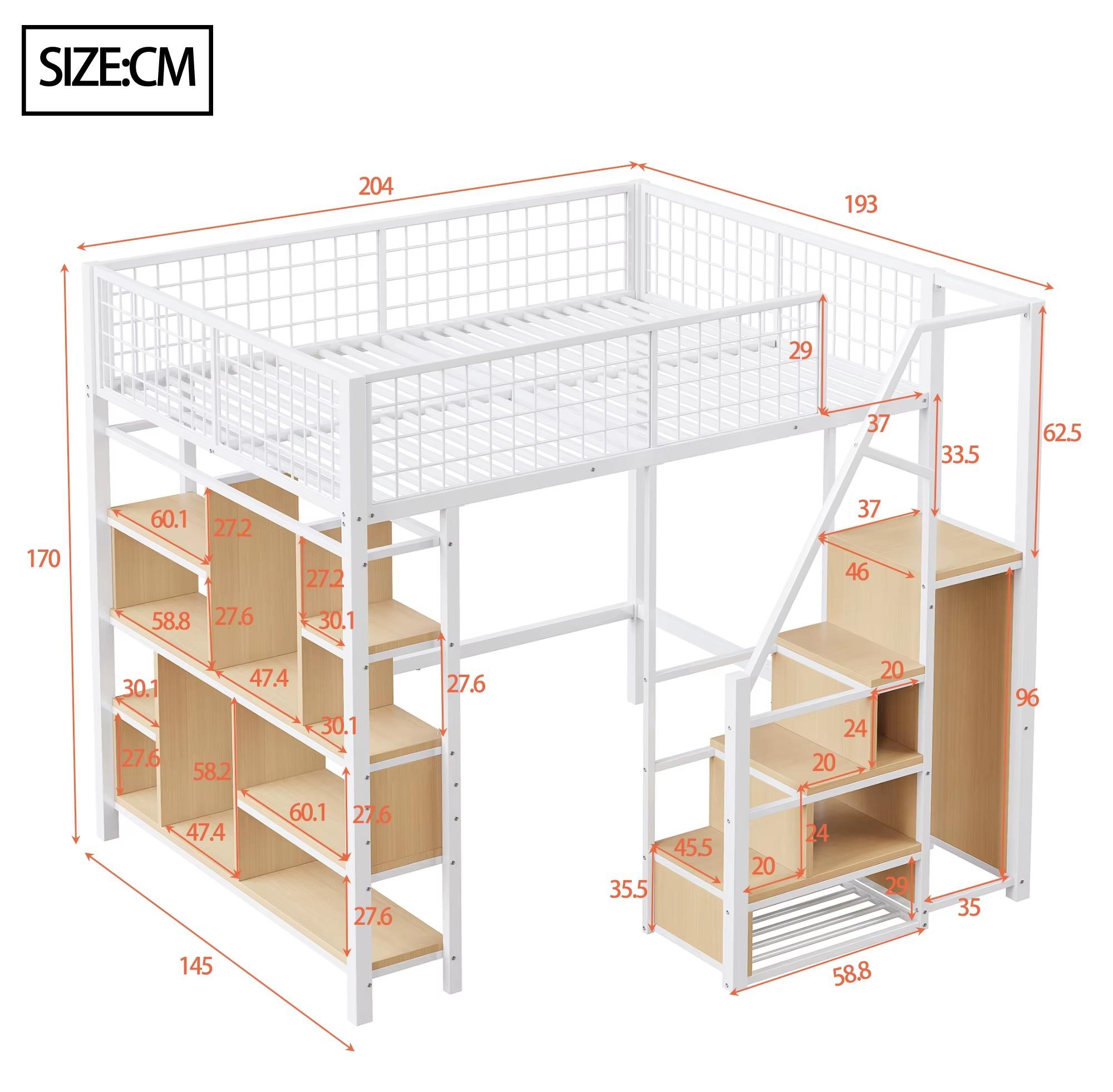 Metall-Hochbett - Etagenbett mit Treppe - Stauraum - 140 x 200 cm - Modernes Design - Weiß