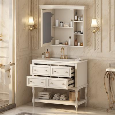 GDFStudio - Marquette Luxury Bathroom Vanity Set with Ceramic Sink, Mirror Medicine Cabinet and 4 Storage Drawers - 36'W