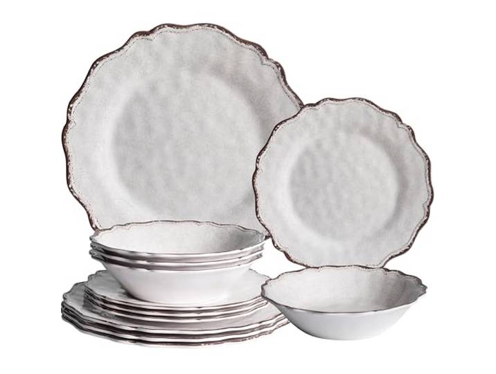 12-teiliges Vintage-Melamin-Geschirr-Set, weiße Teller und Schüsseln, Set Leichte, unzerbrechliche Küchengeschirr, gewellte Form, rustikales Bauernhaus, für drinnen und draußen, spülmaschinenfest