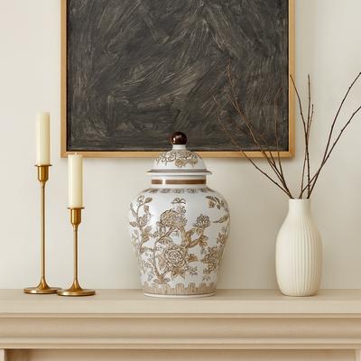 Sagebrook Home "Decorative Chinoiserie Temple Jar - White & Brown, 12"""