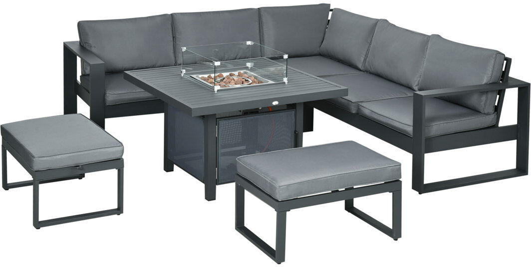 Outsunny Latee 6-Piece Aluminium Garden Furniture Set Fire Pit Table Patio Grey Gray 7