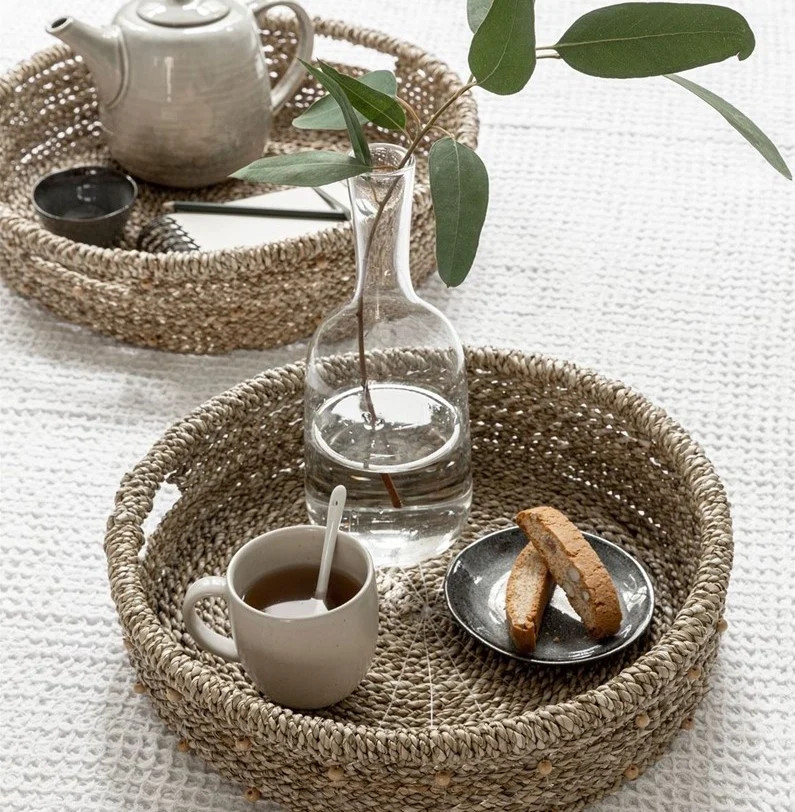 MUST Living Dienblad Lagos set van 2 beige rond rattan boho