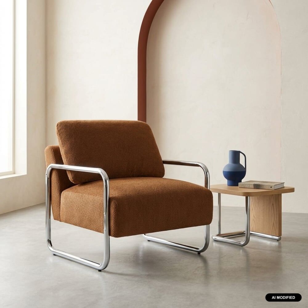 sweeek Fauteuil vintage tissu chenille armature chromée camel Marron 72x80x80cm