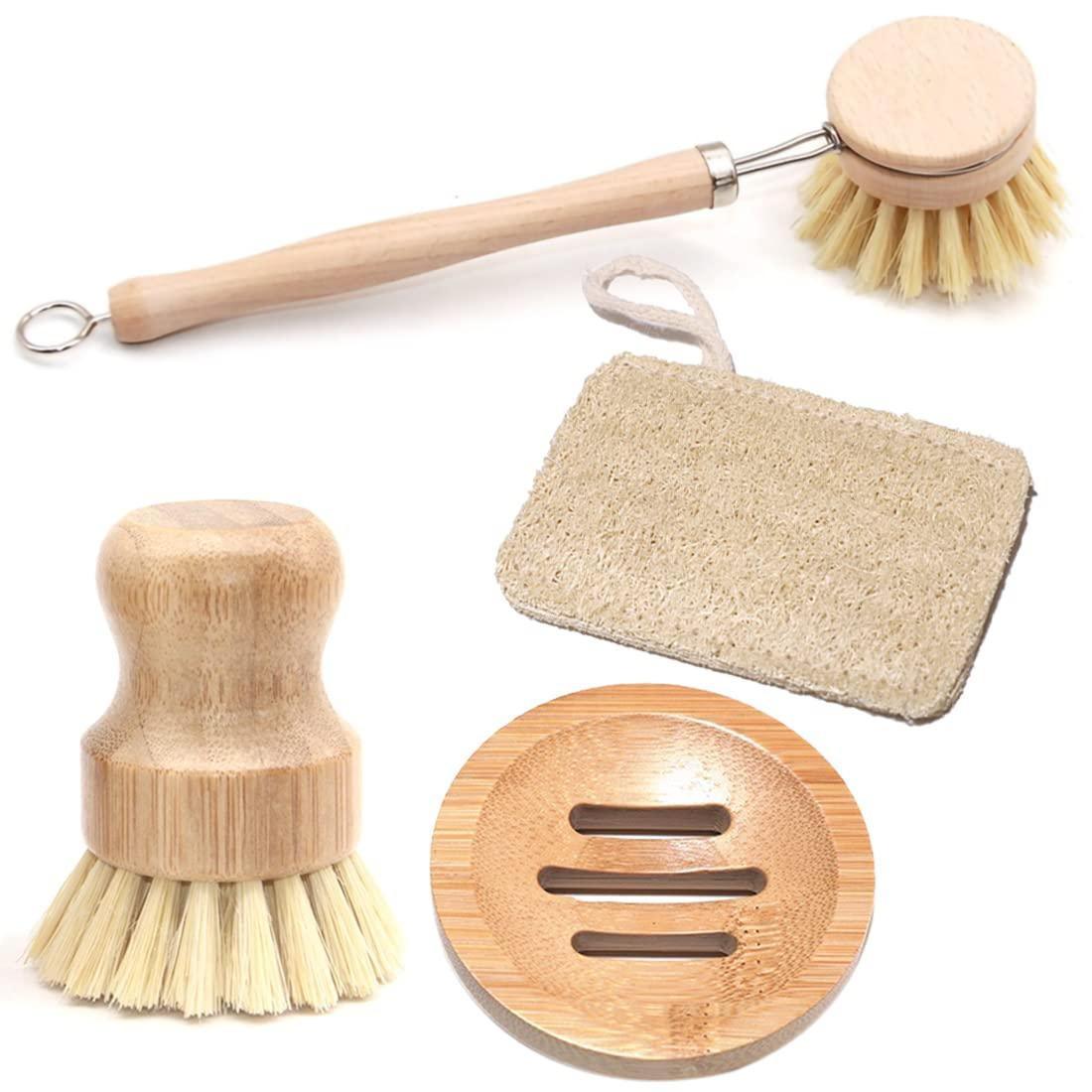 Dripio 4-delige keukenreinigingsset met bamboe borstel, houten borstel, zeephouder en loofah