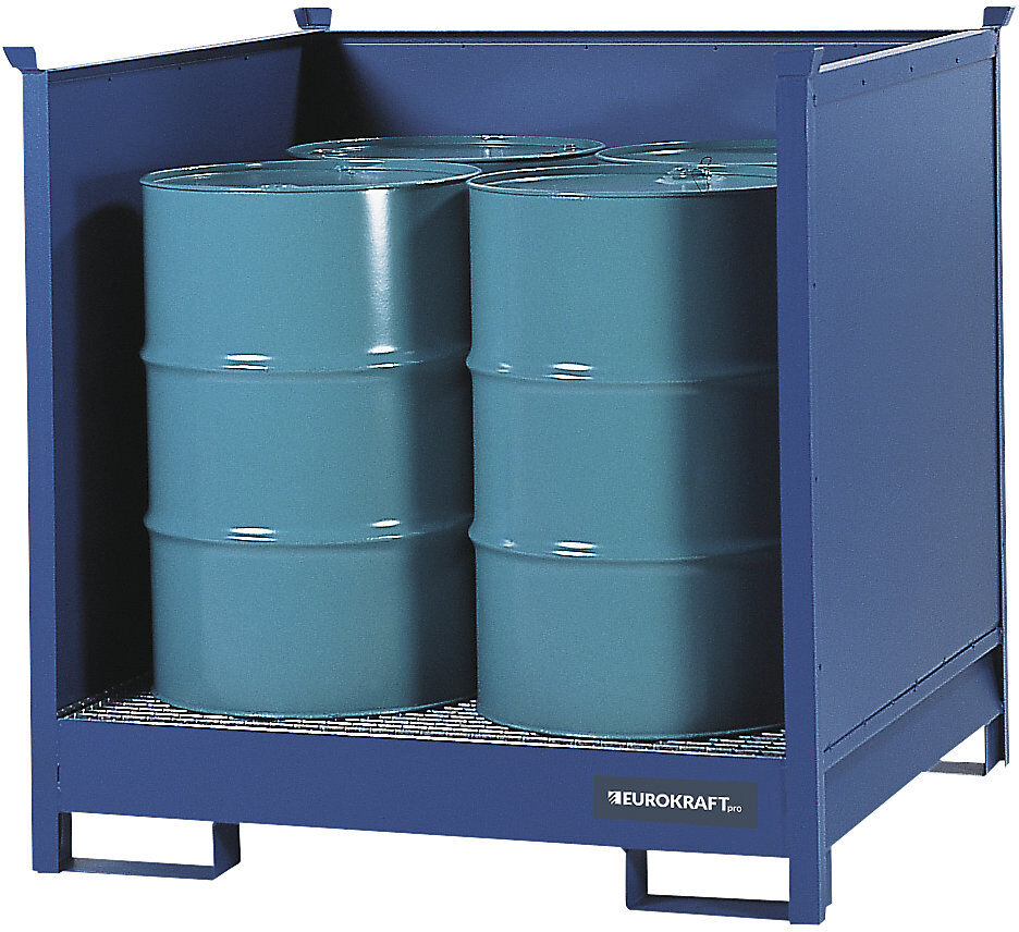 Fass-Stapelpaletten für Transport und Lagerung, Rücken- und Seitenwände geschlossen, stapelbar, für 4 Fässer, blau eurokraft pro