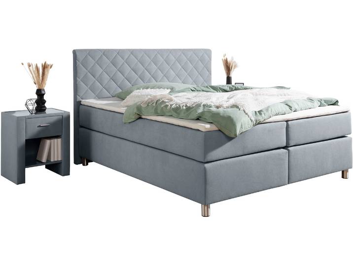 Boxspringbett, Blau, 168x208 cm, Microfaser, Inkl. Topper & Matratze, Modern