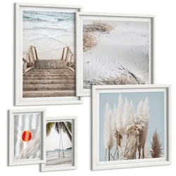 BILDER SET 5er Set - 50x50 cm & 20x30 cm & 40x60 cm Weißer Rahmen - Strandatmosphäre dank hölzerner Treppen.