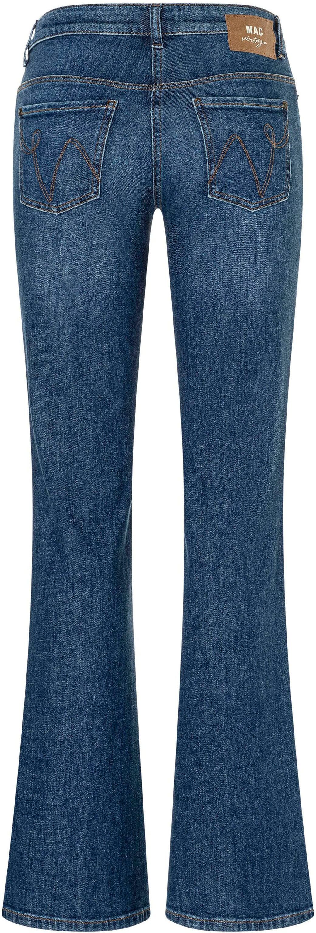Bootcut-Jeans MAC "DETROIT flared", Damen, Gr. 42, Länge 30, blau (essential mid blau), Denim/Jeans, Obermaterial: 99% Baumwolle, 1% Elasthan, bootcut fit lang, Jeans Bootcut-Jeans, Aufwendig gearbeitete Details an den Vordertaschen essential mid blau 42,